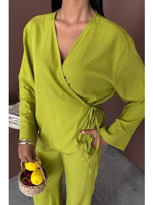 Adisia Kruvaze Model Klasik Pantolonlu Çupra Keten Takım 10191