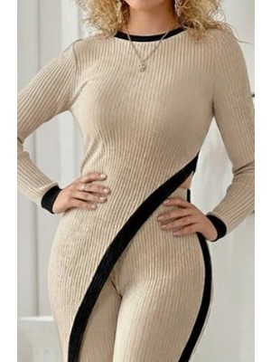 Adisia Kadın Uzun Kollu Bisiklet Yaka Asimetrik Kesim Bluz Şardonlu Kaşkorse Bluz ve Pantolon Ikili Takım