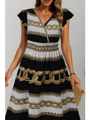 Adisia Kadın Kısa Kollu Kruvaze Yakalı Beli Lastikli Desenli Maksi Boy Örme Krep Elbise