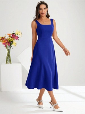 Adisia Kadın Askılı Kare Yakalı Midi Ithal Krep Elbise