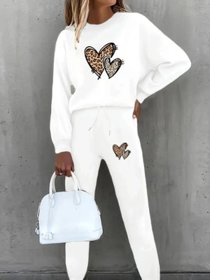 Adisia Kadın Uzun Kollu Bisiklet Yaka Kalp Desenli Şardonlu Üç Iplik Bluz ve Pantolon Ikili Takım