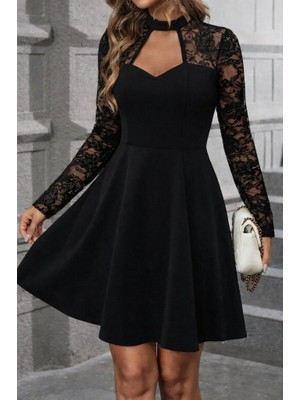 Adisia Kadın Uzun Kollu Balıkçı Yaka Dantelli Ithal Krep Kısa Kiloş Elbise