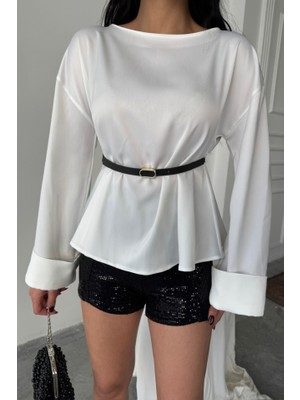Adisia Kemer Detaylı Saten Bluz - Beyaz