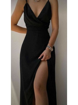 Adisia Kadın Askılı Kruvaze Yaka Derin Yırtmaçlı Krep Elbise