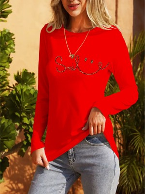 Adisia Kadın Uzun Kollu Bisiklet Yaka Gülümseyen Surat Desenli Viskon Bluz