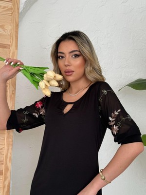 Adisia Kadın Truvakar Kol Çiçek Desenli Tül Kol Bisiklet Yaka Çiçek Desen Sandy Salaş Kısa Elbise