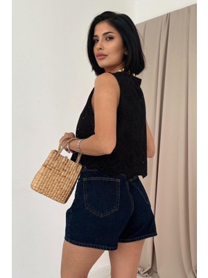 Adisia Siyah Sıfır Kol Brode Bluz