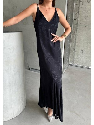 Adisia Jakarlı Askılı Saten Elbise Asimetrik - Siyah