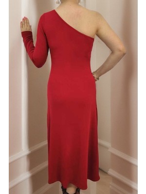 Adisia Kadın Uzun Kollu Tek Omuz Detay Krep Elbise