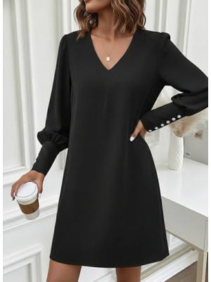 Adisia Kadın Uzun Kollu V Yakalı Kısa Ithal Krep Elbise