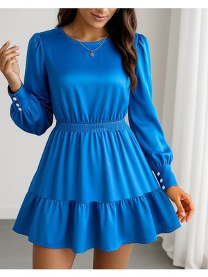 Adisia Kadın Uzun Kollu Bisiklet Yaka Beli Lastikli Fırfırlı Ithal Krep Elbise