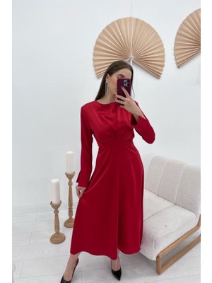 Adisia Kırmızı Saten Uzun Elbise