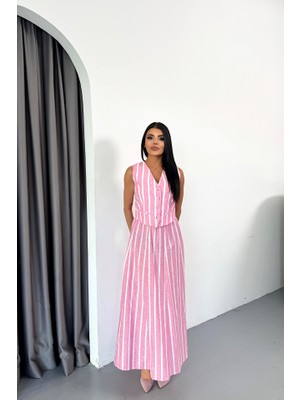 Adisia Keten Çizgili Yelek - Uzun Etek Takım - Pembe
