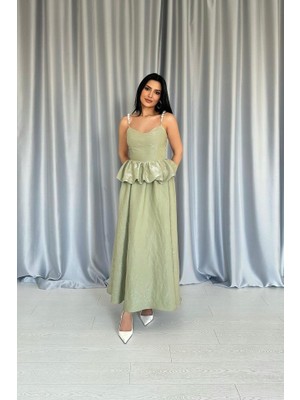 Adisia Yeşil Beli Büzgülü Inci Askılı Uzun Elbise