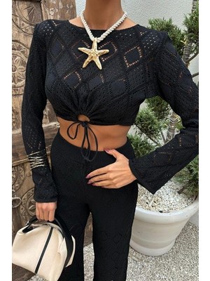 Adisia Göğüs Bağcık Detaylı Ajurlu Bluz Pantolon Takım 10098