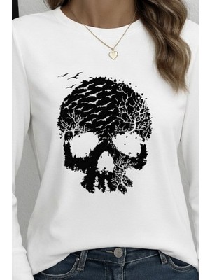 Adisia Kadın Uzun Kollu Bisiklet Yaka Kurukafa Desenli Viskon Bluz