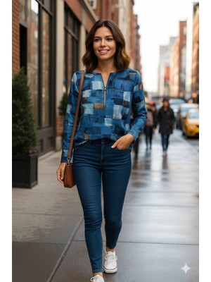 Adisia Kadın Uzun Kollu Yakadan Fermuarlı Kot Görünüm Desenli Uzun Modal Bluz