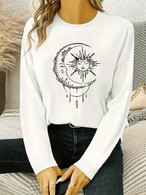 Adisia Kadın Uzun Kollu Bisiklet Yaka Ay Baskılı Viskon Bluz