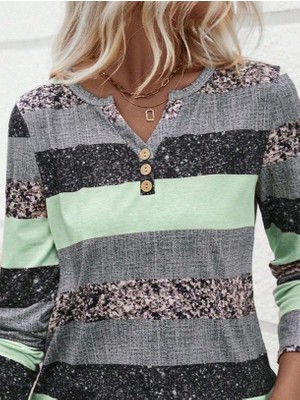 Adisia Kadın Uzun Kollu Yakadan Düğmeli Çizgili Desenli Süprem Bluz