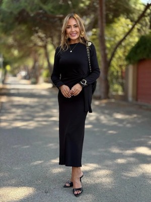 Adisia Kadın Uzun Kollu Bisiklet Yaka Yandan Bağlamalı Uzun Modal Elbise