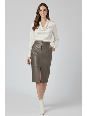 Deriderim Gri Lina Yırtmaç Detaylı Midi Hakiki Deri Kadın Etek