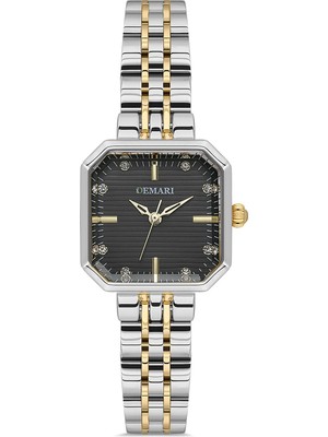 Demari Kadın Kol Saati Quartz Mekanizma – Gold & Gümüş Kare Kasa Çizgili Siyah Kadran Taş Detaylı DM-00114L-D2