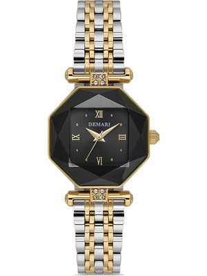 Demari Kadın Kol Saati Quartz Mekanizma – Gold & Gümüş Renk Sekizgen Kasa Siyah Kadran Romen Rakamlı DM-00110L-D2