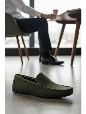Enoch  Noch Hakiki Deri Haki Yeşil Süet Erkek Comfort Loafer