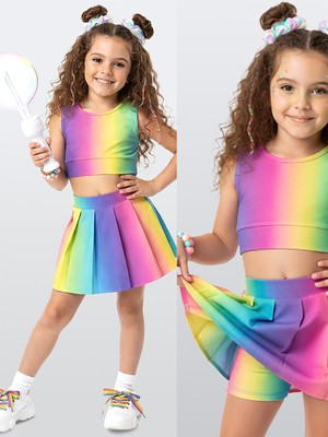 Denokids Kız Çocuk Spor Taytlı Etek Crop Top 2'li Takım 6-10Y