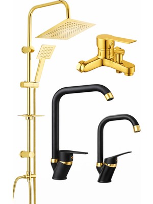 Gold Duş Sistemi + Siyah Kuğ Köşe Borulu Gold Mutfak-Lavabo Bataryası Seti-4lü Set