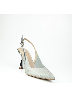 Miss Park Moda 3006 Gümüş Simli Topuklu Kadın Abiye Ayakkabı