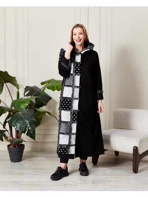 Zer Otantik Kapüşonlu Kürk Detaylı Uzun Kaban Siyah-Beyaz