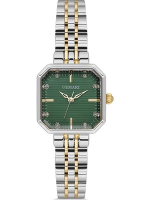 Demari Kadın Kol Saati Quartz Mekanizma – Gold & Gümüş Kare Kasa Çizgili Yeşil Kadran Taş Detaylı DM-00114L-D10