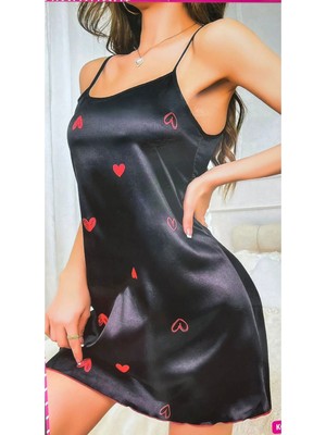 Kırmızı Kalpli Seviyorum Siyah Saten Gecelik- Yumuşak-Hafif-Mini Askılı