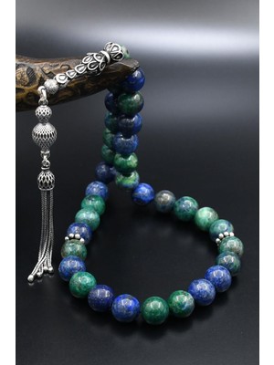 Prestige Gümüş Doğal Azurite Taşlı Tesbih 925 Ayar Gümüş Püsküllü 10MM Küre Kesim 902573