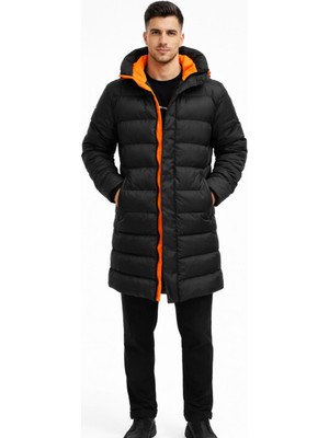 Freemen Erkek Su ve Rüzgar Geçirmez Kapüşonlu, Turuncu Astarlı Uzun Kışlık Şişme Siyah Mont & Parka