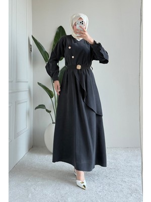 Tesettür Diyarı Icona Tansel Kumaş Önden Düğmeli Tokalı Tesettür Elbise- Antrasit