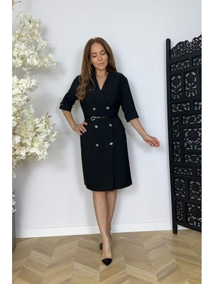 G1727 Düğme Detaylı Ceket Elbise Siyah