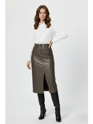 Deriderim Stella Hakiki Deri Gri Yırtmaçlı Midi Kalem Etek