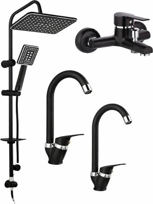 Musluq Siyah Duş Seti Yağmurlama Duş Başlığı 4lü Lavabo Banyo Eviye Set Ultra Lüks Setler