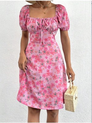 Çamaşır Kenti Kadın Kısa Kollu Mini Çiçek Baskılı Bağcık Detay Süprem Midi Boy Elbise