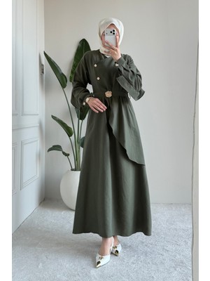 Tesettür Diyarı Icona Tansel Kumaş Önden Düğmeli Tokalı Tesettür Elbise- Haki