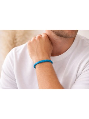 Herşey Nota Ocean Blue Premium Örgü Deri Erkek Bileklik – Çelik Kilitli