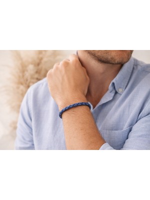 Herşey Nota Ice Blue Örgü Deri Erkek Bileklik – Çelik Kilitli