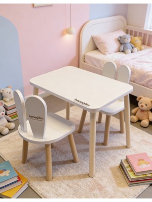 hepeğitim Ahşap Ders Çalışma Masası - Çocuk Aktivite Masası - Çift Sandalyeli - Beyaz