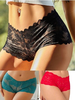 Gecko Collection Kadın Dantelli Boxer Külot 3'lü Paket Yüksel Bel Dantel Kumaş Çiçek Desenli