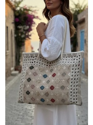 Lugmo Plaj Jüt Dokuma Fermuarlı Kadın Omuz Çantası 50×40 cm