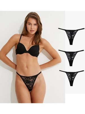 Gecko Collection Gecko Kadın Dantelli Lastikli Tanga Külot 3 Adet