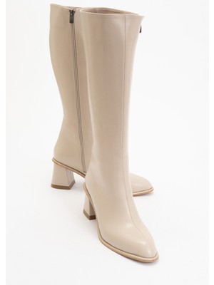 Luvi Paradis Bej Cilt Kadın Kalın Topuklu Çizme