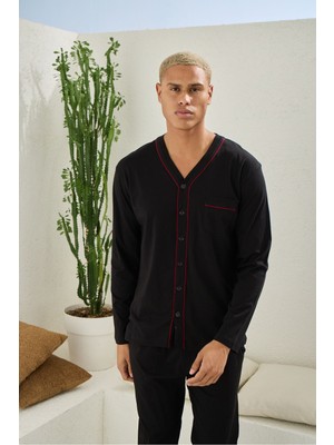 Kly Erkek Dört Mevsim Battal V Yaka Boydan Düğmeli Pijama Takımı